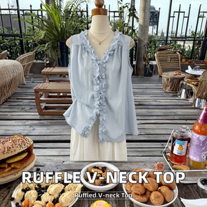 Elegante Chaleco de gasa para mujer, con volantes y cuello en V Top, decoración de lentejuelas, camisa corta sin mangas popular para ir al trabajo, tejido transpirable - Product Image 2