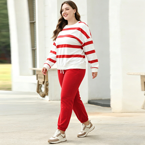 Conjunto de Ropa Deportiva de 2 Piezas para Mujer, Talla Grande, Sudadera de Cuello Redondo y Pantalones Jogger, Tejido de Algodón a Rayas, ODM/OEM - Product Image 2