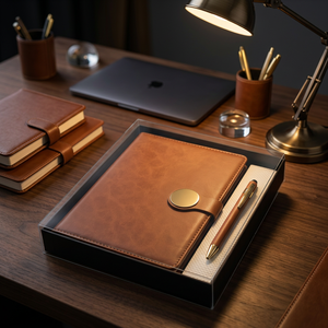 Brown Leather Notebook and Pen <b>Gift</b> <b>Set</b> with Gold Clasp Business Promotional Office Kit - Product Image 2