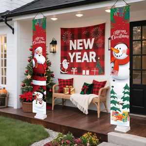 Couplet de porte de Noël intérieur/extérieur avec Père Noël et bonhomme de neige de dessin animé, 30*180cm, avec tringle de suspension incluse, décorations de fêtes - Product Image 1