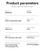 Câble de données tressé en alliage d'aluminium USB vers IP Yesido 3 mètres 12W à charge rapide CA134L