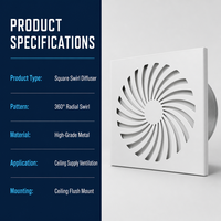Diffuseur d'air en acier inoxydable à tourbillon, grille de ventilation carrée pour plafond avec sortie d'air réglable, économie d'énergie pour les systèmes HVAC scolaires