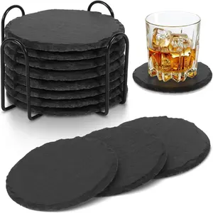 Wholesale Slate Drink Coasters Natural Square Round Thick Coaster Set Slate White Drink Tea Coffee Sushi Coaster With Stand