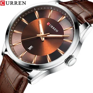 CURREN 8365 Mans石英点展示品牌手表原创设计Reloj Hombre银色表壳棕色真皮表带男士手表