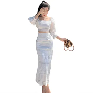 New Graceful Bow Series Belt Two-Piece Set Western Style Youthful-Looking Puff Sleeve Top+Skirt Hollow-out Suit