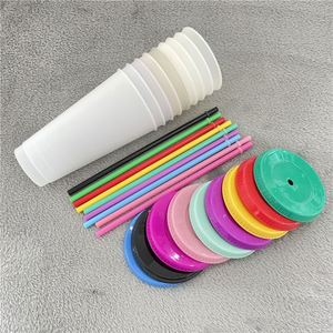 24 Ounces Color-Changing PP <b>Plastic</b> Tumbler Pack 10 Disposable <b>Mugs</b> Lids Straws Party Ice Cold Drinks Water Coffee Cola - Product Image 4