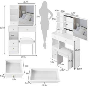 Table de vanité de bureau design moderne DB avec tiroir gauche tabouret rembourré miroir coulissant extra large multicouche haute capacité - Product Image 2