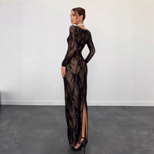 Elegante Abito Lungo in Pizzo <span class=keywords><strong>con</strong></span> Vita Alta, Colletto Quadrato, Maniche Patchwork e Spacchi Laterali per Donna, Stile da Lavoro - Product Image 2