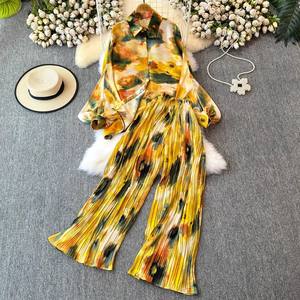 Camisa holgada con estampado de manga farol para mujer, pantalones de pierna ancha plisados de cintura alta, conjunto informal de 2 piezas, moda Sehe - Product Image 5