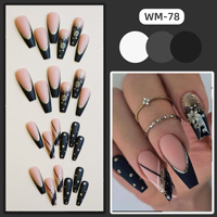 24 faux ongles de Noël à presser, longs, forme cercueil, noir mat et nude avec paillettes flocon de neige dorées, pointe en V, réutilisables, en acrylique