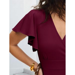FOXA Robe de cocktail pour femme, col en V, manches à volants, ligne A, robe mi-longue asymétrique pour invitées de mariage, fête d'été - Product Image 4