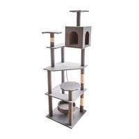 Arbre à chat moderne en bois avec poteaux à gratter en sisal, grande structure d'escalade et maisonnette pour chat