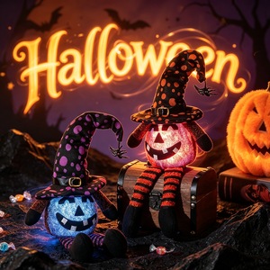 En gros, Décoration d'Halloween : Poupée gnome citrouille LED lumineuse, avec chapeau de sorcière et araignée, ornement en peluche gnome sans visage assis - Product Image 1
