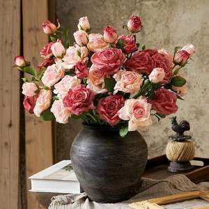 Fleur de soie française branche unique 3 tête bord brûlé Rose moderne maison salon décoration artificielle bouquet de fleurs séchées - Product Image 1