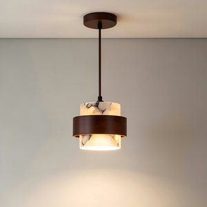 <span class=keywords><strong>Suspension</strong></span> Wabi-Sabi en pierre artificielle texture noyer foncé, luminaire cylindrique à <span class=keywords><strong>deux</strong></span> niveaux pour chambre et îlot de cuisine - Product Image 1