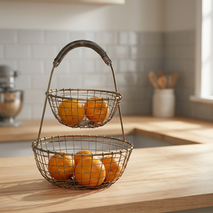Panier de rangement métallique à double niveau, panier à fruits rustique en fil de fer pour cuisine, support rond en fer, support alimentaire durable - Product Image 2