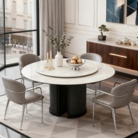 Ensemble de table à manger ronde de luxe de style moderne du milieu du siècle italien, 6 places, table à manger extensible en pierre frittée marbrée avec 6 chaises