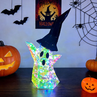 Figur Hantu PET Iridescent 3D Holografik LED, Figur Kerangka Halloween Bercahaya, Ornamen Patung Seni Modern untuk Liburan