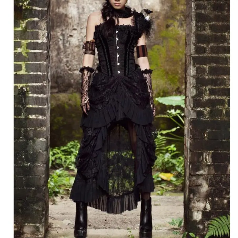 Sexy Vintage Lange Maxi Steampunk Rokken Punk Midi Gothic Rok Alleen Elasticiteit Geplooide Vrouwen Zwarte Rokken Tulle