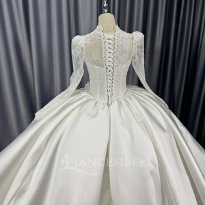 Lscm103 Elegant Satin Ball Gown <b>Wedding</b> Dress Lace Bodice Pearl Button Long Sleeve Puffy Shoulder Bridal Gown Jancember - Product Image 4