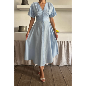 Robe en lin à col en V et boutons, bleu, taille S, robe midi décontractée - Product Image 5