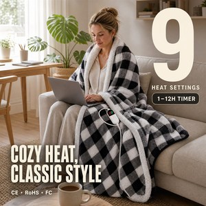 Couverture chauffante électrique Wsahbale 50*60 pouces en flanelle sherpa à carreaux Buffalo, 9 niveaux de chauffe, arrêt automatique, protection contre la surchauffe - Product Image 1
