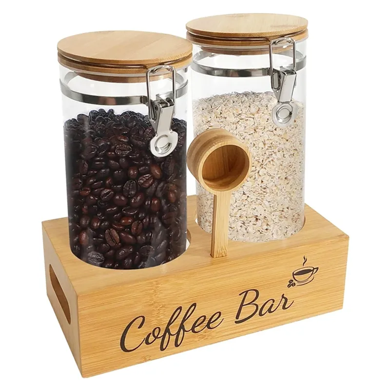 Food Packaging Jars Glass Coffee Canisters with Bamboo Lid Spoon and Airtight Clip Glass Coffee Jar with Shelf
