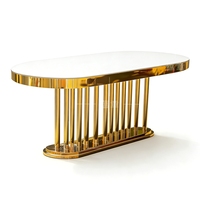 Meubles de mariage en gros, table longue ovale en acier inoxydable doré, plateau en verre miroir blanc, table de salle à manger, table d'hôtel pour mariage