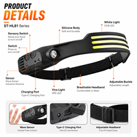 Outdoor COB 3-Licht Silikon Bewegungssensor Stirnlampe Wiederaufladbare USB LED Kopfleuchte Taschenlampe für Camping Angeln
