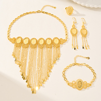 Parure de bijoux plaqués or de Dubaï pour femme, style filigrane arabe, collier, bracelet, boucles d'oreilles et bague à pampilles rectangulaires, bijoux de mariée