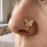 Anneau de nez en laiton sans perçage, plaqué or 18 carats, avec zircone cubique, motif papillon, à clipser, vente en gros