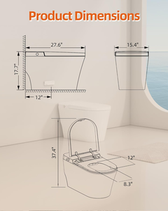 โถสุขภัณฑ์อัจฉริยะแบบตั้งพื้น รุ่นหรูหรา แบบชิ้นเดียว ทรงยาว ปิดอัตโนมัติด้วยเซ็นเซอร์เท้า เปิด/ปิด/ล้างอัตโนมัติ พร้อมที่นั่งอุ่น นวด และฟังก์ชั่นชำระล้าง - Product Image 6