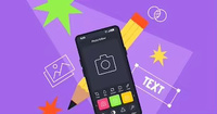 Teléfono Inteligente con Interfaz de Aplicación de Cámara en Fondo Morado con Gráficos de Lápiz y Estrellas, Compatible con Linux/Mac, en Stock