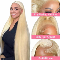 Perruques Lace Front 13x4 en Cheveux Humains Raides, Couleur Blond Platine, Pré-épilées avec Baby Hair, Longues et Soyeuses