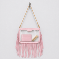 Sac de Stade en PVC Transparent Rose Clair avec Franges et Bandoulière Chaîne – Sac à Main Femme Luxe, Élégant, Chic et Tendance pour le Quotidien – Personnalisation OEM