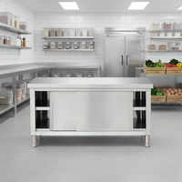 Meuble de cuisine en acier inoxydable épaissi à finition polie avec porte coulissante, établi, console, table de jeu, support de cuisinière, sans roulettes