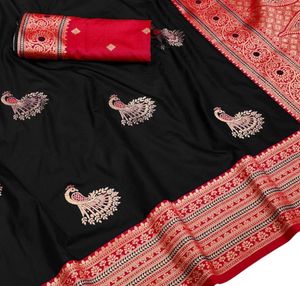 Lightweight Festival Wear Black Silk Saree With Peacock Embroidery <b>Red</b> Border And <b>Blouse</b> For Wedding And Festival Wear - Product Image 1