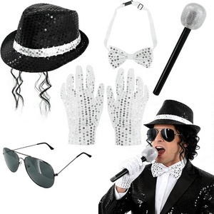 Costume <span class=keywords><strong>de</strong></span> fête disco SOLPOP années 70 et 80 pour hommes, ensemble <span class=keywords><strong>de</strong></span> 5 pièces pour <span class=keywords><strong>star</strong></span> pop, chapeau noir, lunettes, nœud papillon, paillettes, gants, microphone - Product Image 1