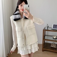 Gilet 100 % laine pour femme, coupe décontractée, fermeture à boutons-pression, poches plaquées, col en fourrure de lapin Rex