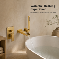 Robinet de baignoire mural moderne en or brossé, mitigeur de bain-douche encastré avec cascade et douchette à main