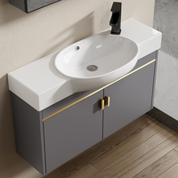Ensemble de meubles de salle de bain pour hôtel, mural, en aluminium gris foncé, avec lavabo semi-encastré en céramique, miroir LED, personnalisable OEM ODM pour projets en gros