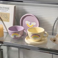 Ensemble Tasse à Café et Soucoupe en Porcelaine Émaillée Motif Arc-en-ciel Coloré, Style Coréen, Fait Main, Très Tendance