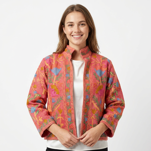 Veste bomber en coton tricoté à la main Suzani, brodée, pour femme, doublure en coton respirant, motif floral, écologique - Product Image 1
