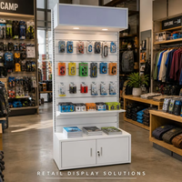 Présentoir de sol blanc en panneaux rainurés avec armoire de rangement verrouillable et boîte lumineuse éclairée pour la merchandising en magasin de détail