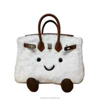 Tas Tangan Bulu Lembut Lucu Motif Wajah Tersenyum Kartun, Tas Mini Tote untuk Wanita, Tas Selempang Fashion dengan Pegangan