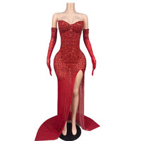Robe de soirée sirène sexy sans bretelles avec strass en cristal, grande taille, fente haute, pour anniversaire, mariage, remise de diplôme