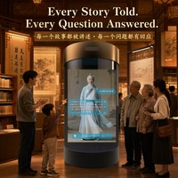Kiosque humain holographique immersif IA 75'' |   Affichage LED cylindrique tactile à commande vocale par QR |   Bibliothèque, Musée, Avatar culturel