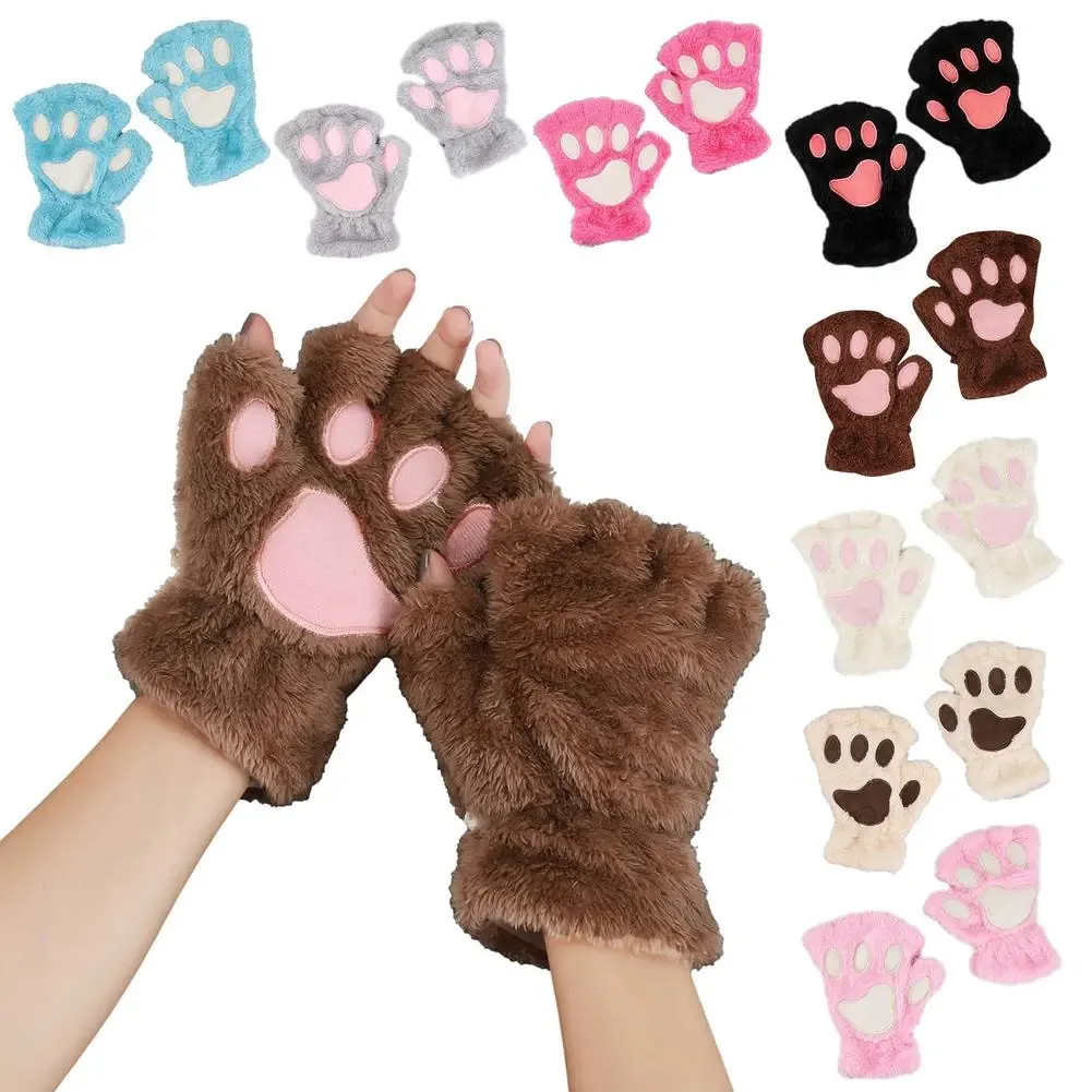 Nuove donne Cartoon Cat Claw guanti ragazze addensato peluche stile adorabile zampa d'orso dita a vista mezze dita guanti invernali caldi