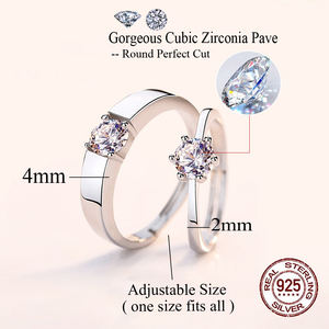 煌めくキュービックジルコニア 925スターリングシルバー サイズ調整可能 カップルプロミスリング 女性男性用 結婚式婚約指輪ジュエリー - Product Image 6