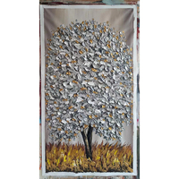 Tableau mural abstrait 3D en acrylique peint à la main, style européen, grand format, motif arbre et fleurs argentées, entièrement peint au couteau épais